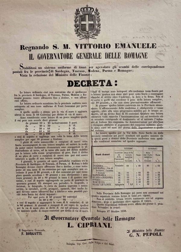 DECRETO DEL GOVERNATORE GENERALE DELLE ROMAGNE CIPRIANI DEL 27 OTTOBRE 1859.