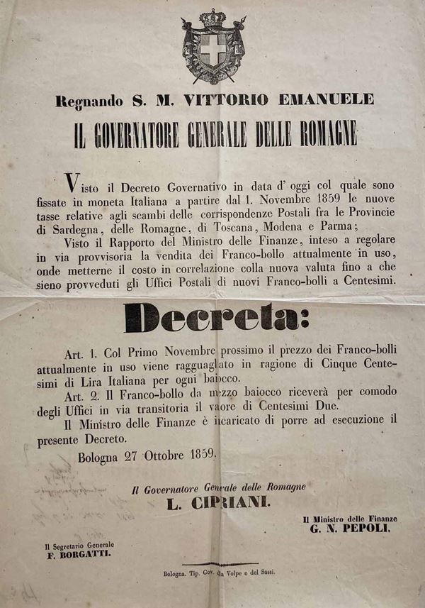 DECRETO DEL GOVERNATORE GENERALE DELLE ROMAGNE CIPRIANI, DATO IN BOLOGNA IL 27 OTTOBRE 1859.