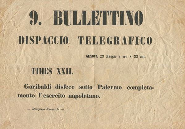 1860, SARDEGNA, “9. BULLETTINO-DISPACCIO TELEGRAFICO”,VOLANTINO EDITO A GENOVA IL 23 MAGGIO 1860.