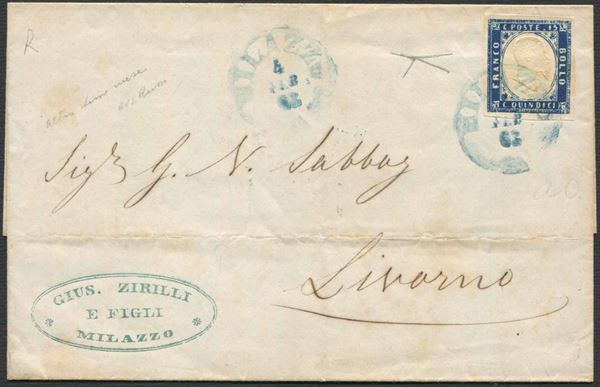 1863, Regno d'Italia, lettera da Milazzo per Livorno del 4 febbraio 1864.