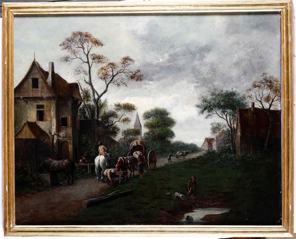 Scuola fiamminga del XVIII secolo Paesaggio con carovana e contadini