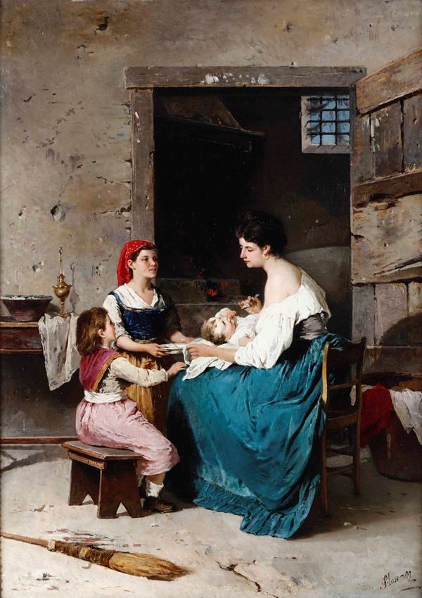 Francesco Peluso - Scena domestica, madre con bambini