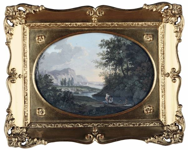 Anonimo del XVIII/XIX secolo Paesaggio con figure femminili al bagno