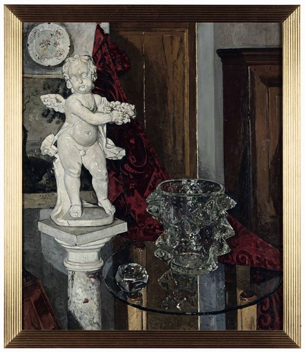 Fosco Pavi (1910-2007) Interno con putto e vaso in vetro