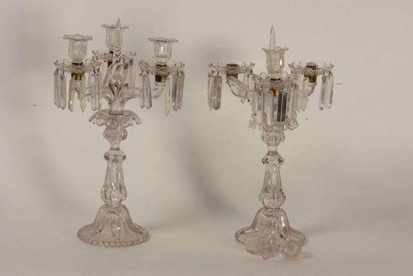 Coppia di candelabri a tre luci in vetro, XX secolo