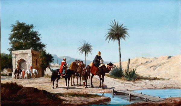 Scuola orientalista del XIX secolo Gruppo di arabi a cavallo presso un canale