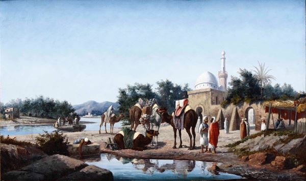 Scuola orientalista del XIX secolo Arabi sulla riva di un canale con sfondo di città
