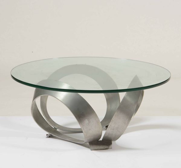 Tavolino basso rotondo in allumino e cristallo, XX secolo