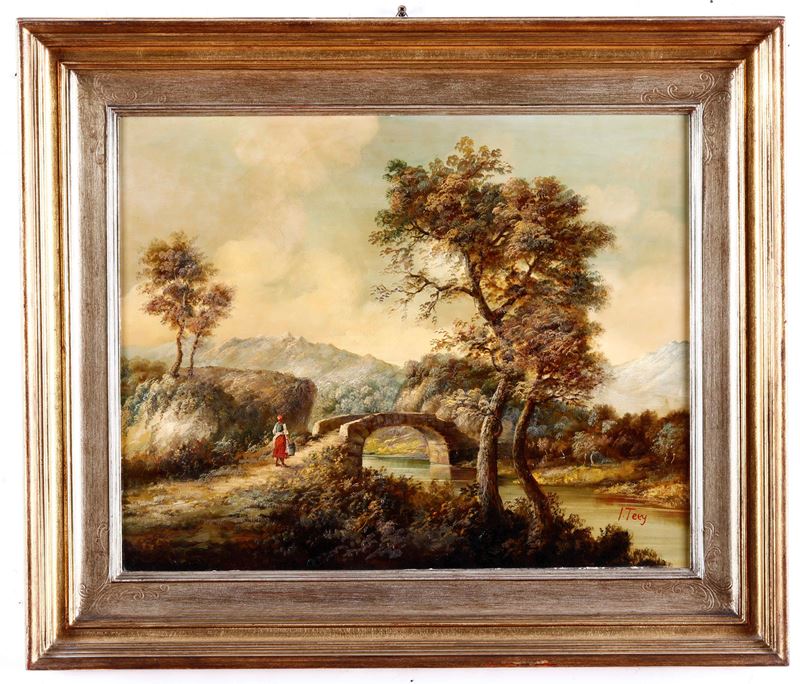 Artista del XIX secolo Paesaggio con viandante sul ponte.  - Auction 19th and 20th  [..]