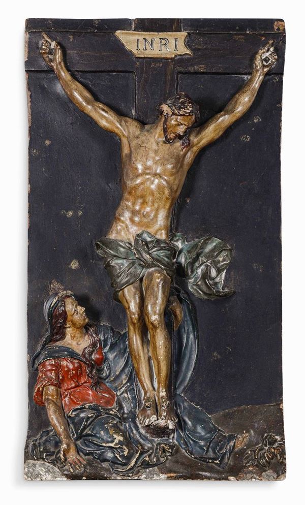 Crocefissione. Rilievo in terracotta policroma. Arte barocca italiana del XVII secolo