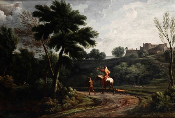 Scuola romana del XVIII secolo Paesaggio con cavaliere