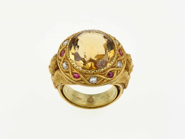 Citrine, ruby, diamond and gold ring. Signed S. Bulgari