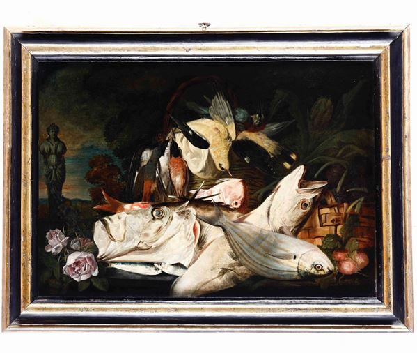 Artista del XIX secolo Natura morta con pesci e cacciagione
