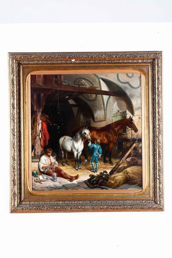 Pittore del XIX-XX secolo Interno di scuderia con cavalli