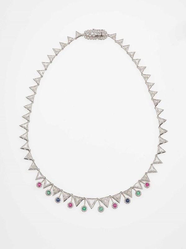 Trilliant cut diamond and multi colored gemstone necklace