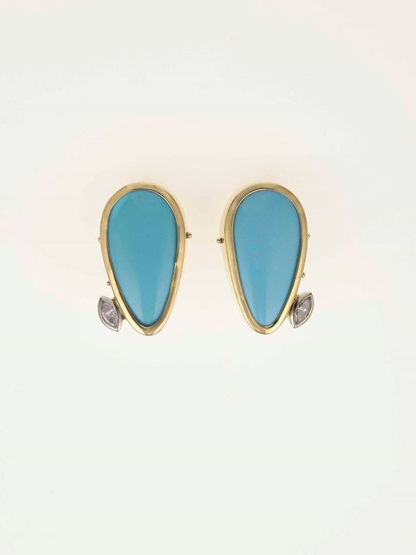 Pair of turquoise and diamond earrings. Signed Cirio, Torino