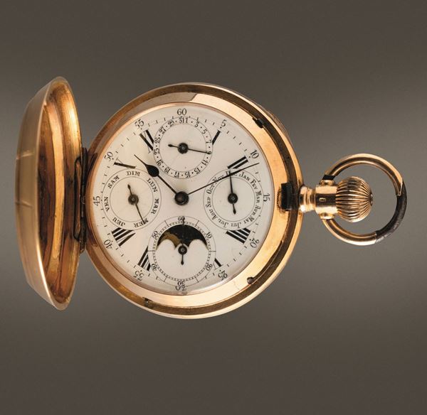 Orologio da tasca savonnette in oro 18k con calendario completo e fasi di luna di produzione svizzera