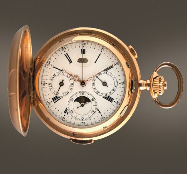 Cronografo da tasca savonnette in oro 18k, con calendario completo, fasi di luna, e ripetizione ore quarti e minuti.