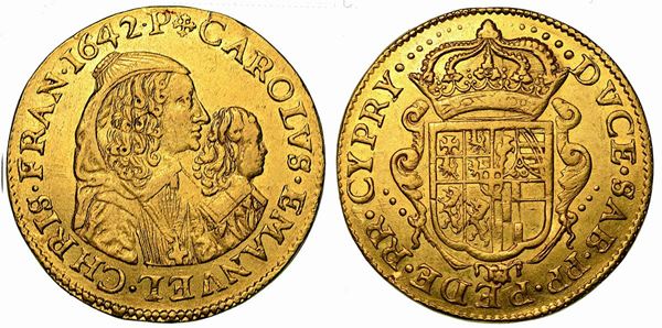 CARLO EMANUELE II. L'Adriano del Piemonte (1638-1675). Reggenza della madre CRISTINA DI BORBONE. La Madama Reale. Da 4 scudi d'oro 1642 (V tipo - coniato al torchio o molinetto). Chambery.