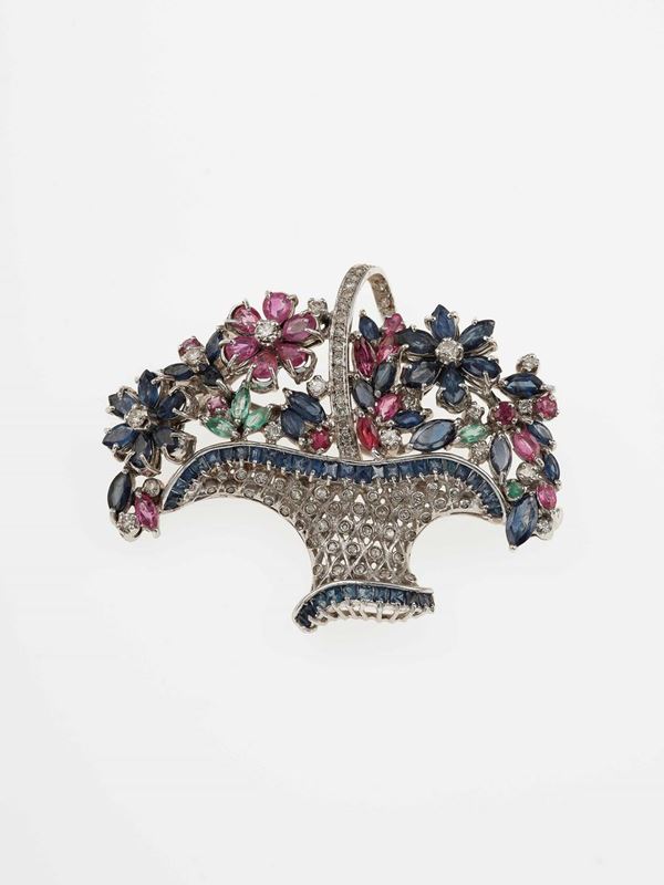 "Giardinetto" spilla en tremblant con diamanti, zaffiri, rubini e smeraldi