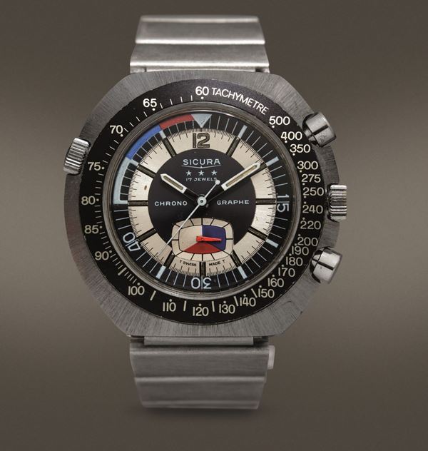 SICURA - Chronographe, cronografo in acciaio anni '70 con ghiera girevole interna e scala tachimetrica esterna carica manuale con doppio bracciale