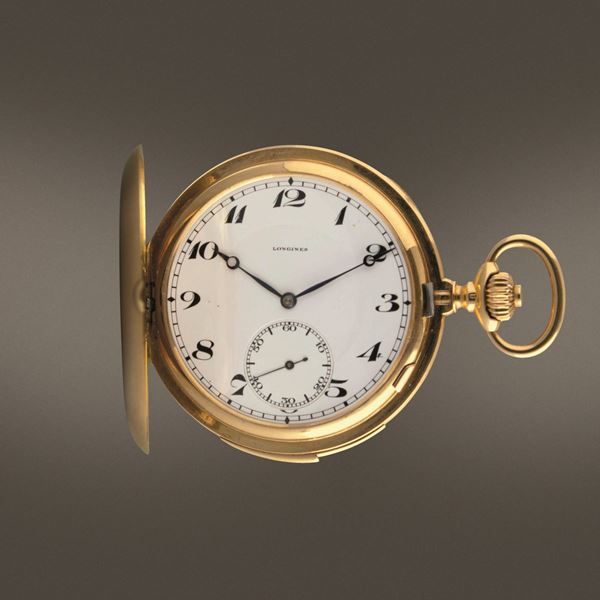 LONGINES - Raro orologio da tasca savonette in oro 18k con ripetizione minuti a slitta, quadrante in smalto bianco con numeri e sfere Breguet.