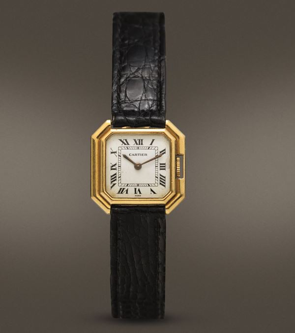 CARTIER - Ceinture, raro orologio di forma ottagonale in oro 18k carica manuale, quadrante numeri Romani con deployante