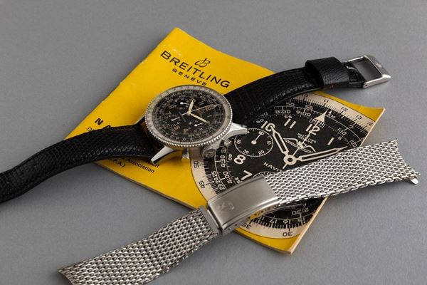 BREITLING - Navitimer 806, raro cronografo in acciaio realizzato per i membri dell'AOPA: Aircraft Owners and Pilots Association. Bracciale in acciaio maglia Milano e cinturino in pelle