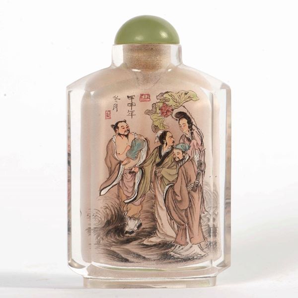 Snuff bottle in vetro dipinto con figure e iscrizioni, Cina, Dinastia Qing, XIX secolo