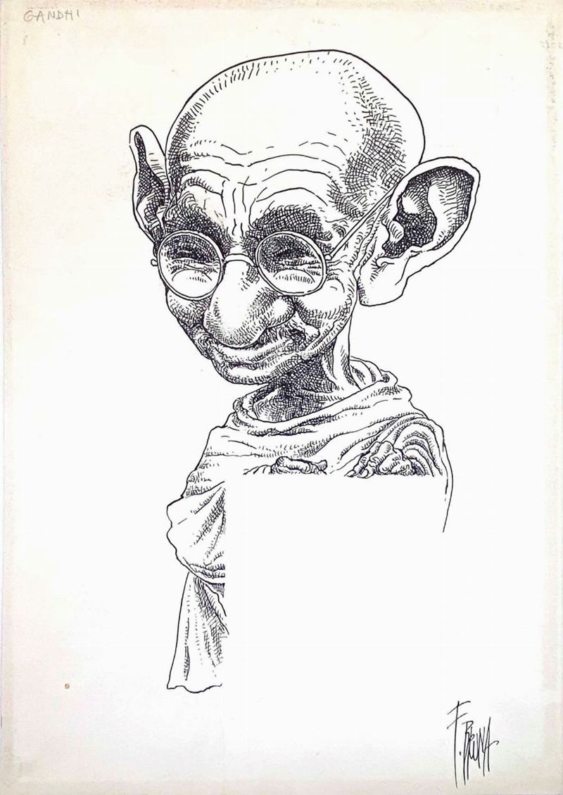 Franco Bruna : Gandhi<BR>  - Matita e china su cartoncino - Asta Fumetti d'Autore - IV - Cambi Casa d'Aste