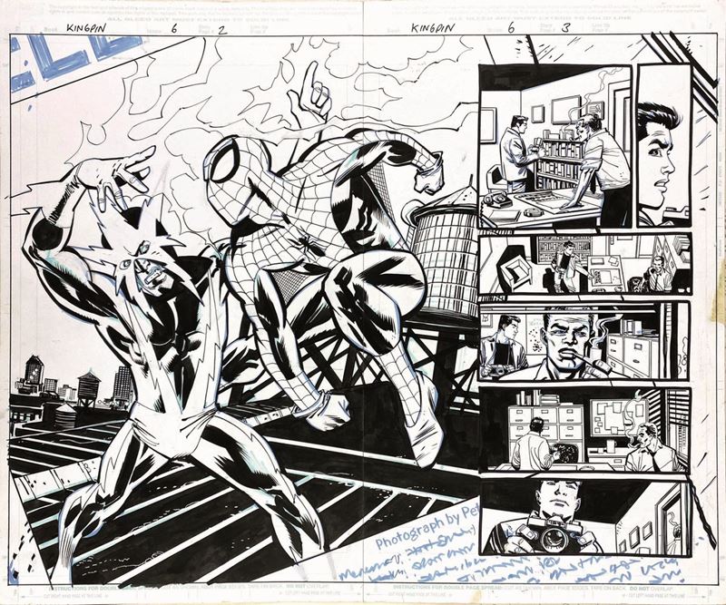 Sean Phillips, Klaus Janson : Spider-man Versus Kingpin<BR>  (2003)  - Tecnica mista su due cartoncini professionali Marvel raccordati - Auction Fumetti d'Autore - IV - Cambi Casa d'Aste