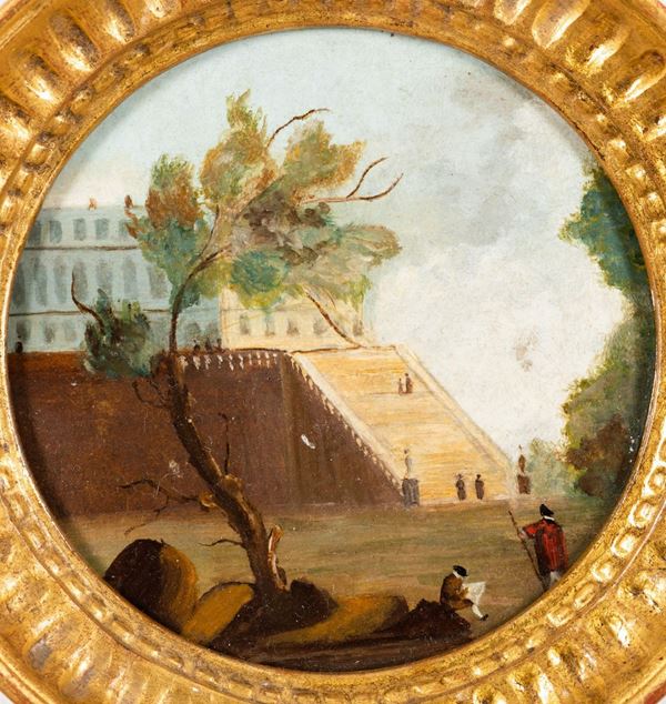 Scuola veneta del XVIII secolo Paesaggio con palazzo e figure