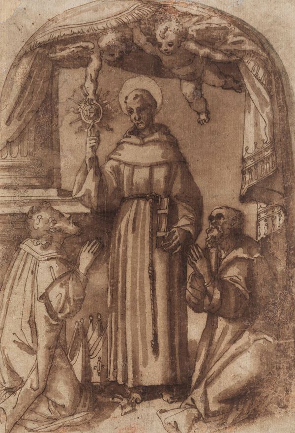 Scuola dell'inizio del XVI secolo Figura di santo con accoliti