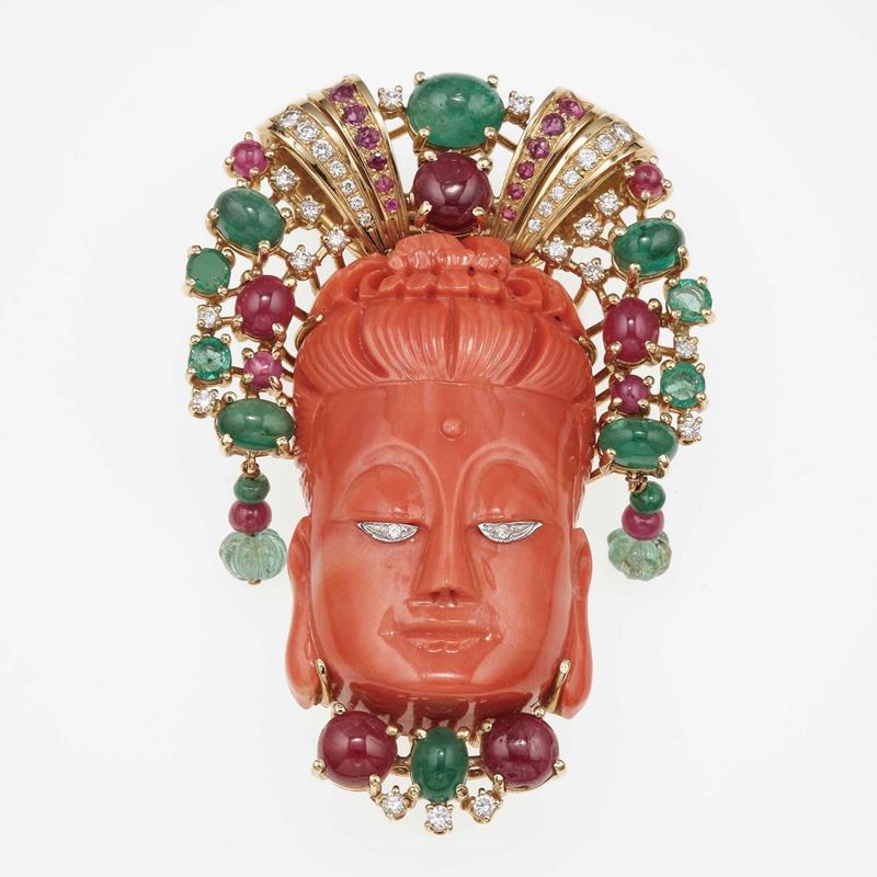 Coral, gem-set and gold brooch  - Auction Fine and Coral Jewels - Cambi Casa d'As [..]