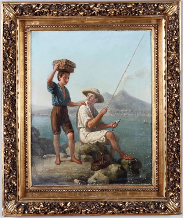 Vittorio Capessiero - Pescatori con Vesuvio sullo sfondo