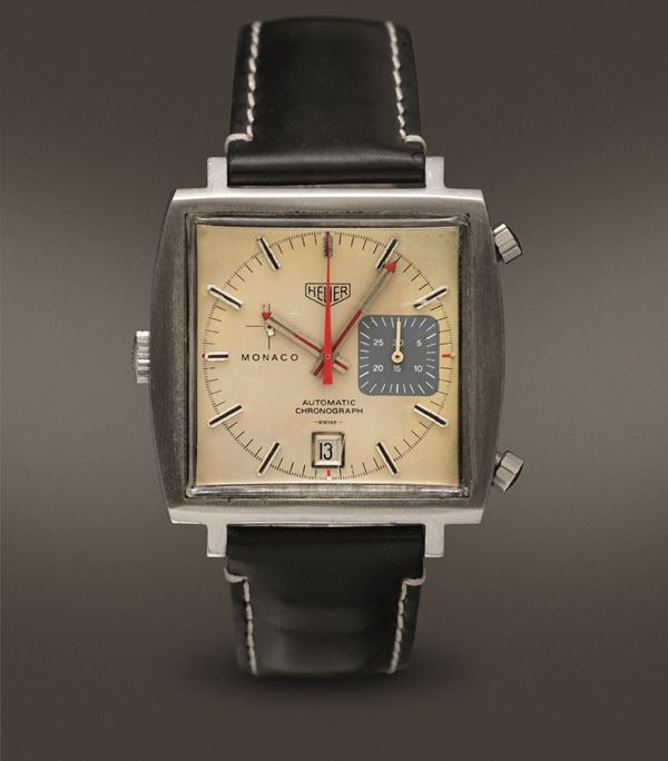 HEUER - Monaco ref 1133 cronografo automatico in acciaio di forma con datario, singolo contatore alle 3, quadrante Argentè