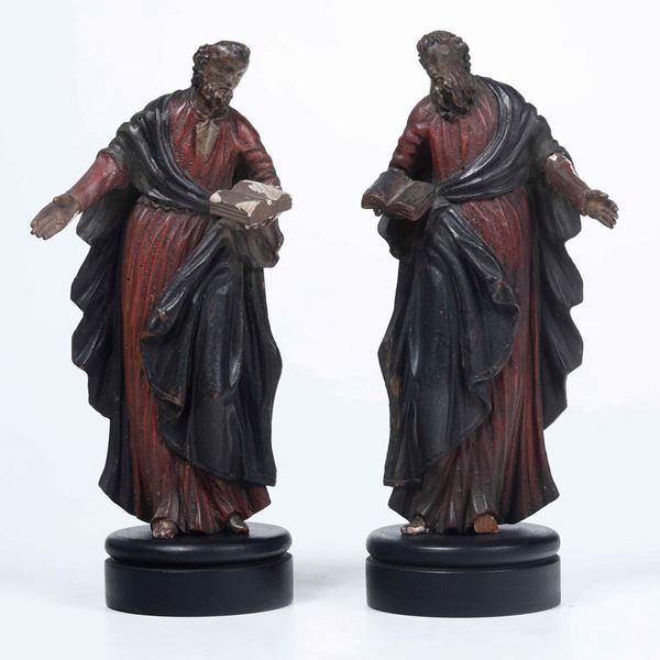 Due Santi Evangelisti. Legno intagliato e decorato in policromia. Arte veneta del XVII-XVIII secolo