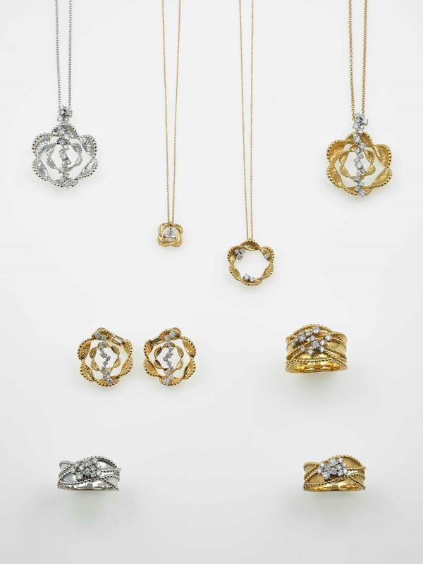 Modello Velvet Diamonds. Lotto composto da cinque anelli, sei pendenti e due paia di orecchini con diamanti