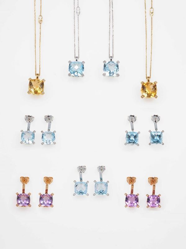 Modello Iris. Lotto composto da cinque paia di orecchini e quattro pendenti con ametiste, topazi blu, quarzi citrini e diamanti