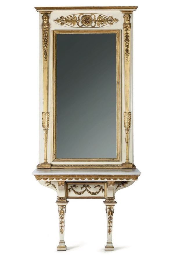 Consolle specchiera neoclassica. legno intagliato laccato e dorato. piano in marmo bianco