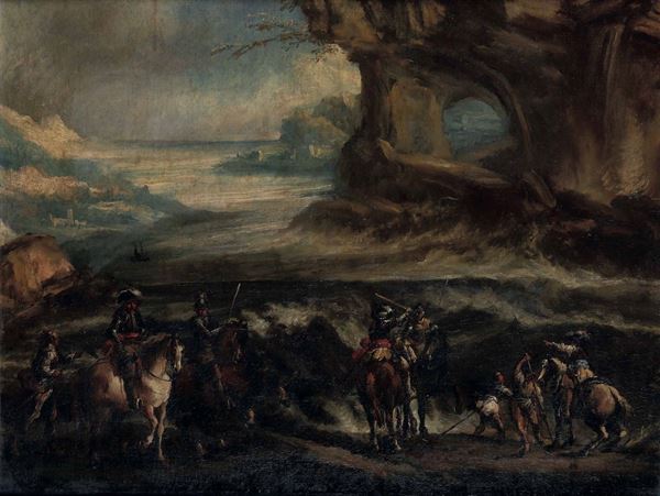 Scuola italiana del XVII secolo Paesaggi con cavalieri