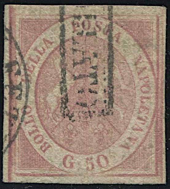 1858, Napoli, 50 grana rosa brunastro (S. 14).