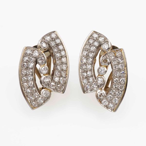 Pair of huit-huit diamond cut, gold and platinum earrings