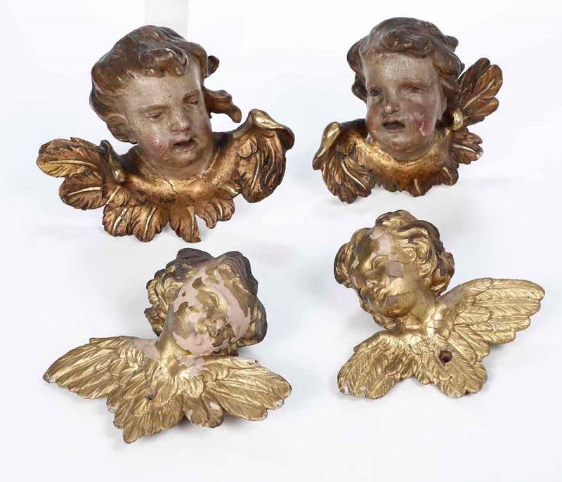 Quattro testine di cherubini. Legno intagliato, laccato e dorato. XVIII-XIX secolo  - Auction Sculptures | Cambi Time - Cambi Casa d'Aste