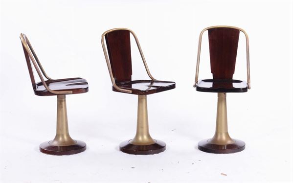 Tre sedie girevoli da barca in legno e ottone, XX secolo