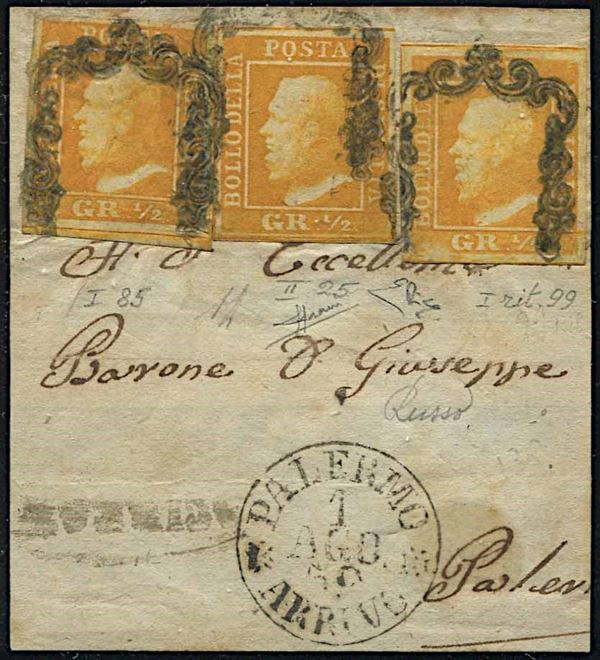 1859, Sicilia, frammento di lettera da Acireale per Palermo del 1° agosto 1859, affrancato con tre esemplari del 1/2 gr.