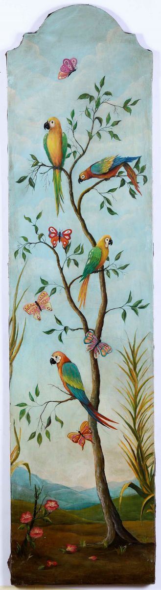 Scuola del XIX secolo Paesaggi con pappagallini e farfalle