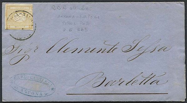 1862, Regno d’Italia, 2 cent. bistro per stampati (S. 10) corto in basso.