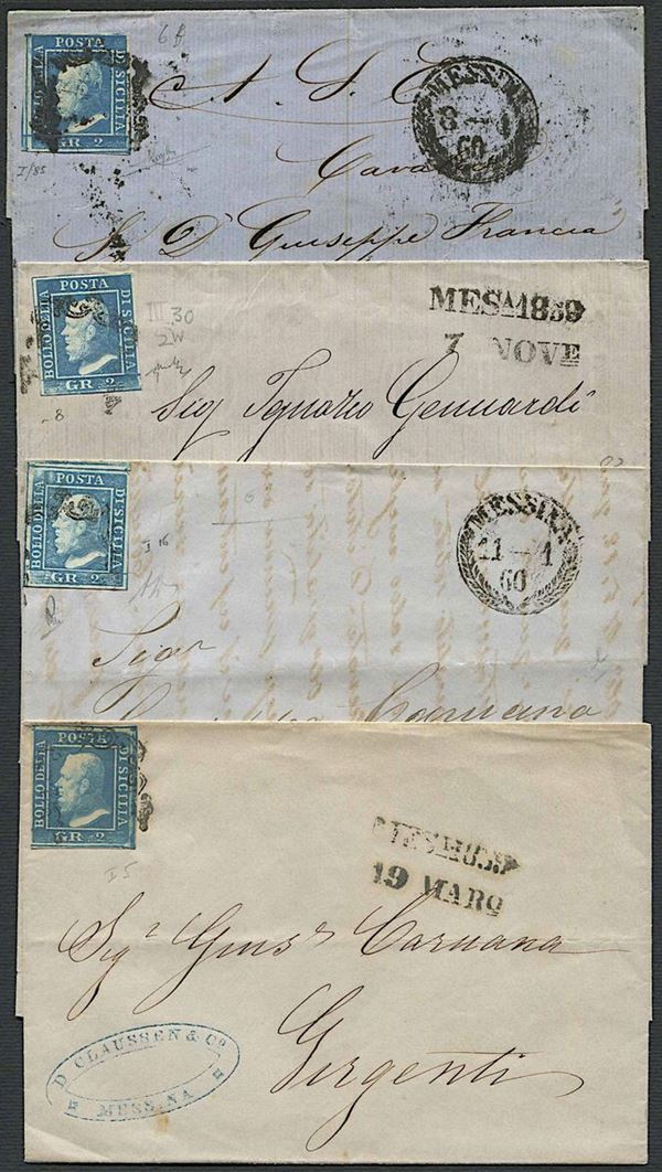 1859, Sicilia, quattro lettere da Messina ognuno affrancata con 2 gr.