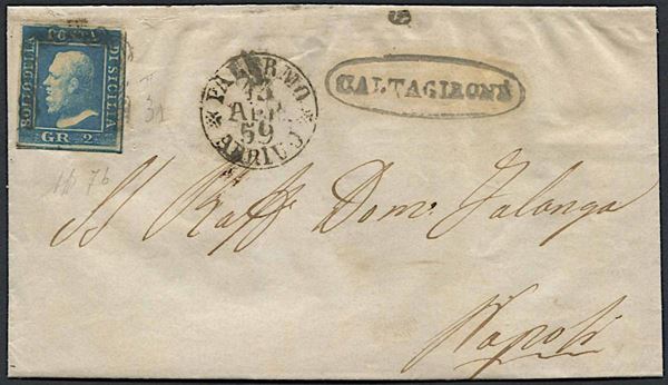 1859, Sicilia, gran parte di lettera da Caltagirone per Napoli del 13 aprile 1859.